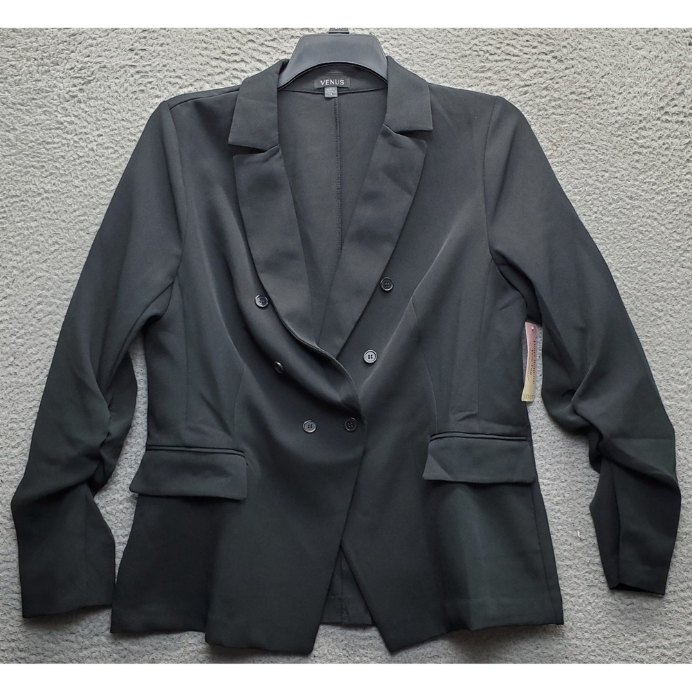 Venus Blazer Jacket Womens 14 Black Double-Breasted Jetted Pocket Ruched Sleeve